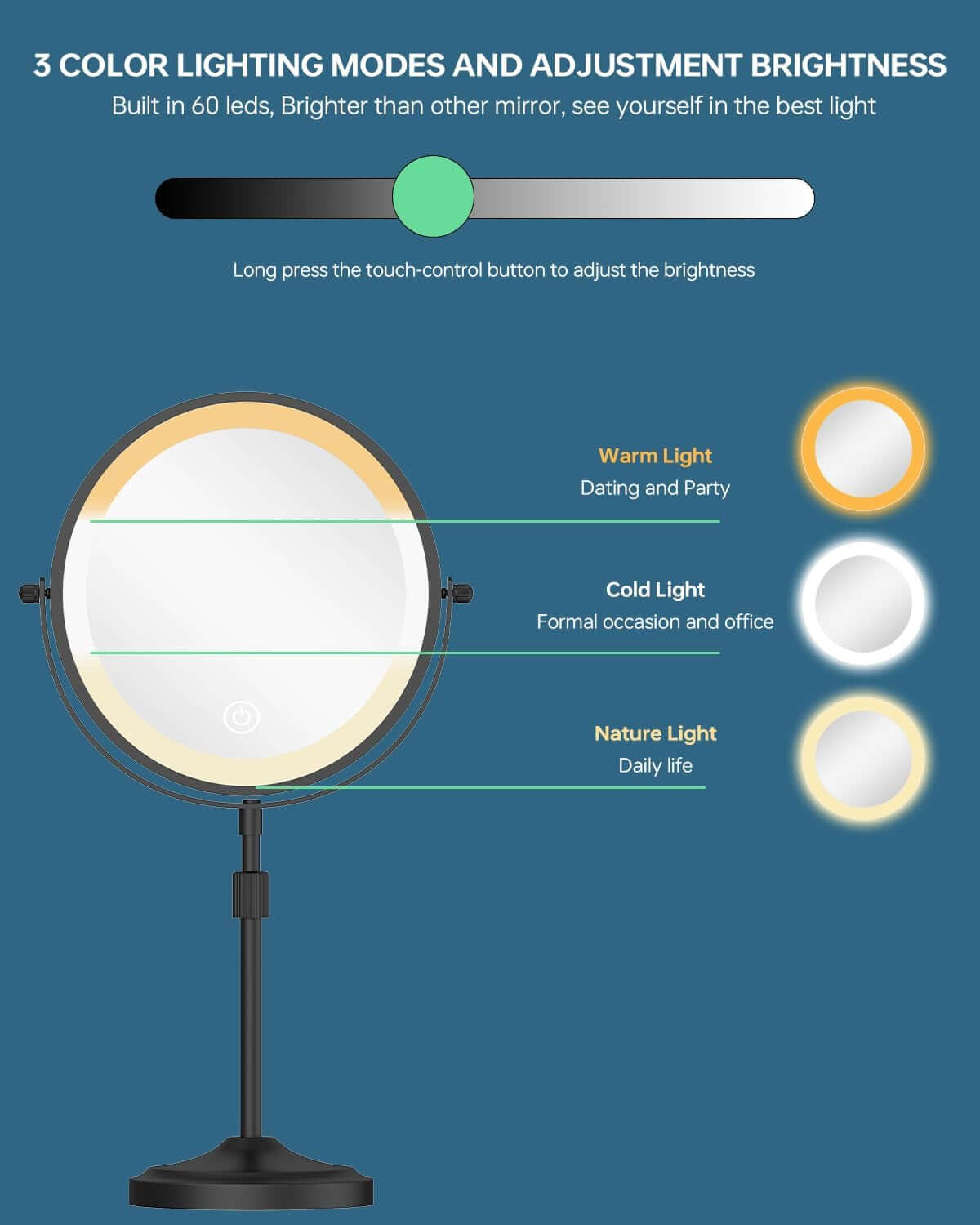 9" Tall Lighted Makeup Mirror with Lights and 1X 10X Magnification, Black | 5000Mah Rechargeable Magnifying Vanity Mirror Height Adjustable,Light Up,3 Colors,Dimmable,Cordless,Tall Telescoping Stand