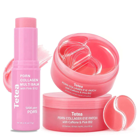 PDRN Pink Collagen Multi Balm Stick & under Eye Patch Set, 0.32 Oz | Caffeine and Pink B12, Hydrating Care, for under Eyes, Face, Neck and Lips, 60 Eye Patches