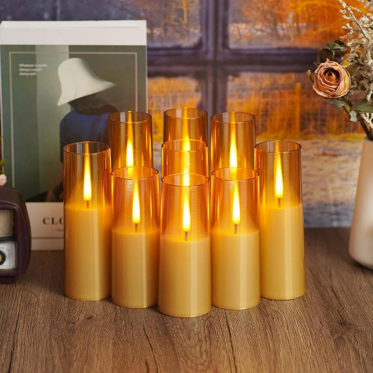 Flickering Flameless Candles,Battery Operated, Flameless Candles with Remote, 2/4/6/8 Hour Timer, Realistic Jumping Flame Effect, Perfect for Home Decor, Holiday Decoration Pcs 9 (Gold)