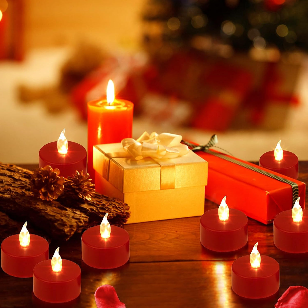 Flameless LED Tea Lights with Remote Control, Red, 24Pack | Timer, Flickering, 400+Hours Battery Operated Candles, Home Decoration, Festival Celebration, Dinner Parties