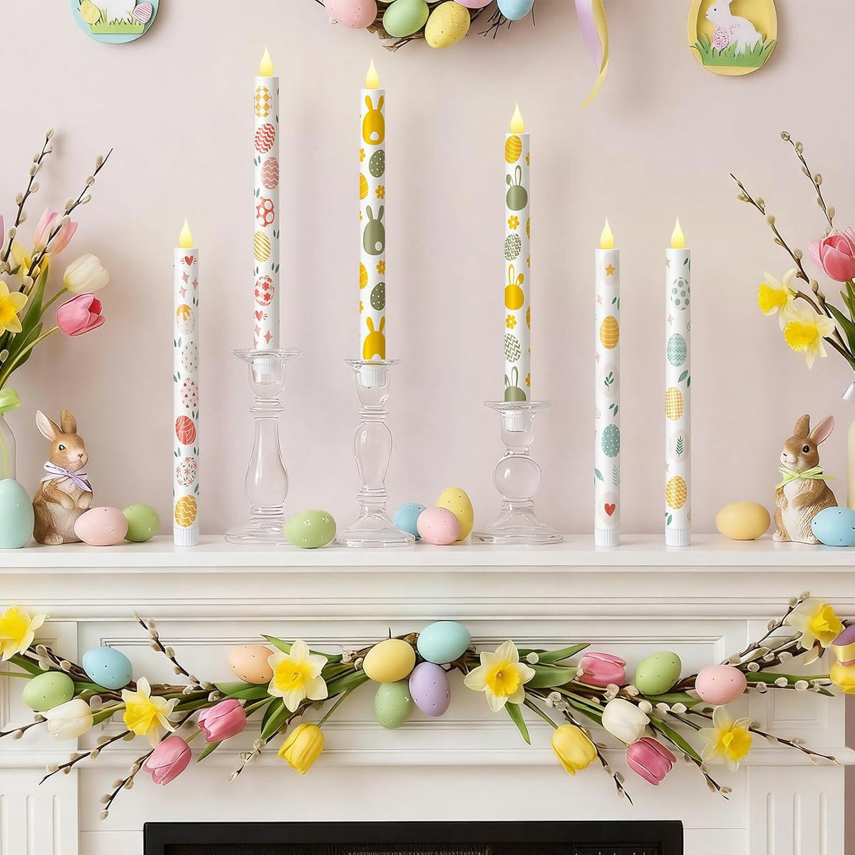 6 Pcs Easter Flameless Taper Candles 10.6 Inch Colorful Egg Bunny Candles Battery Operated LED Candlesticks for Easter Dinner Table Home Party Decor