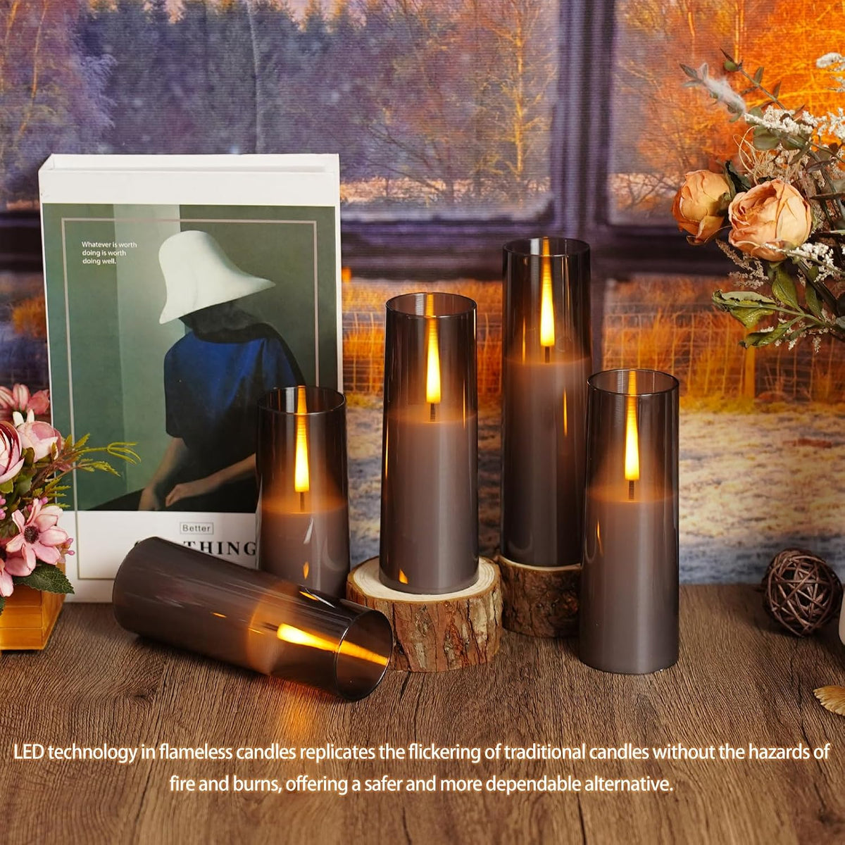 Flickering Flameless Candles,Battery Operated, Flameless Candles with Remote, 2/4/6/8 Hour Timer, Realistic Jumping Flame Effect, Perfect for Home Decor, Holiday Decoration Pcs 9 (Grey)