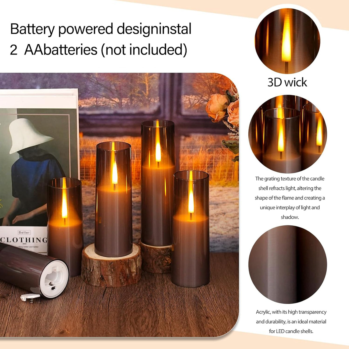 Flickering Flameless Candles,Battery Operated, Flameless Candles with Remote, 2/4/6/8 Hour Timer, Realistic Jumping Flame Effect, Perfect for Home Decor, Holiday Decoration Pcs 9 (Grey)