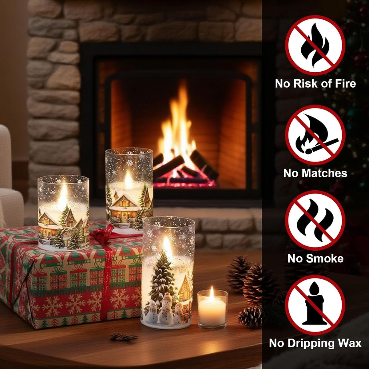 Snowman House Glass Flameless Candle Battery Operated Remote Timer | LED Flickering Pillar Long Lasting, Real Wax Cold White Light, Dinner Window Christmas Holiday Decor, 3"Dx 4",5",6"H, 3 Pack