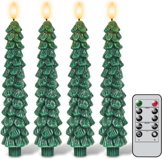 Christmas Tree Flameless Taper Candles Candlesticks Remote Timer | Green, Christmas Tree Candlesticks, Battery Operated Led Candle, Christmas Home Winter Decoration, 4 Pack, 0.78” X 9.8”