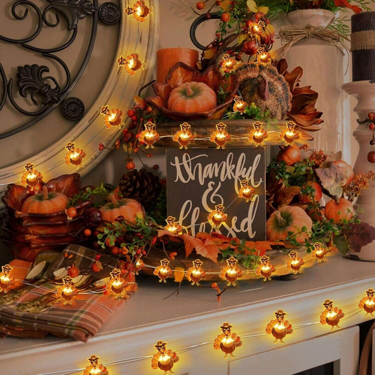[Timer] Fall Thanksgiving Turkey Lights Decorations Thanksgiving Lights | 10FT 30LED Copper Wire Fairy Lights Turkey Decor, Thanksgiving Lights Indoor Outdoor Home Party Autumn Harvest Fall Decor