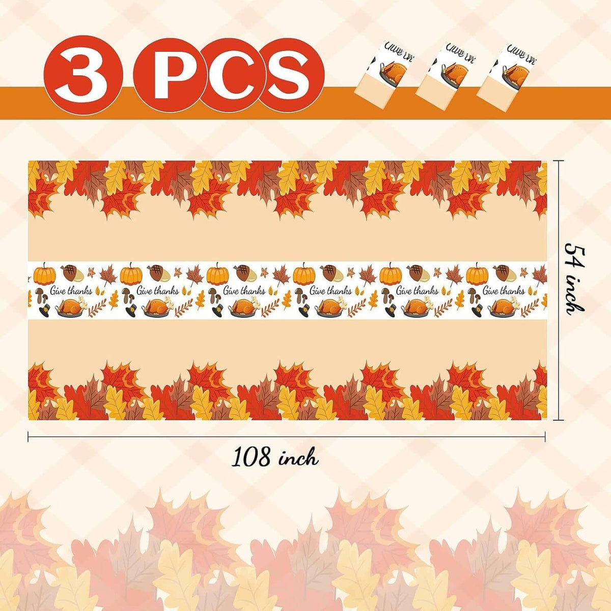 Thanksgiving Tablecloth, 3 Pack Disposable Plastic Tablecloth 54" X 108" Thanksgiving Decorations, Autumn Maple Leaf Party Table Cover, Fall Harvest Party Decor for Outside,Picnic,Home,Dinner