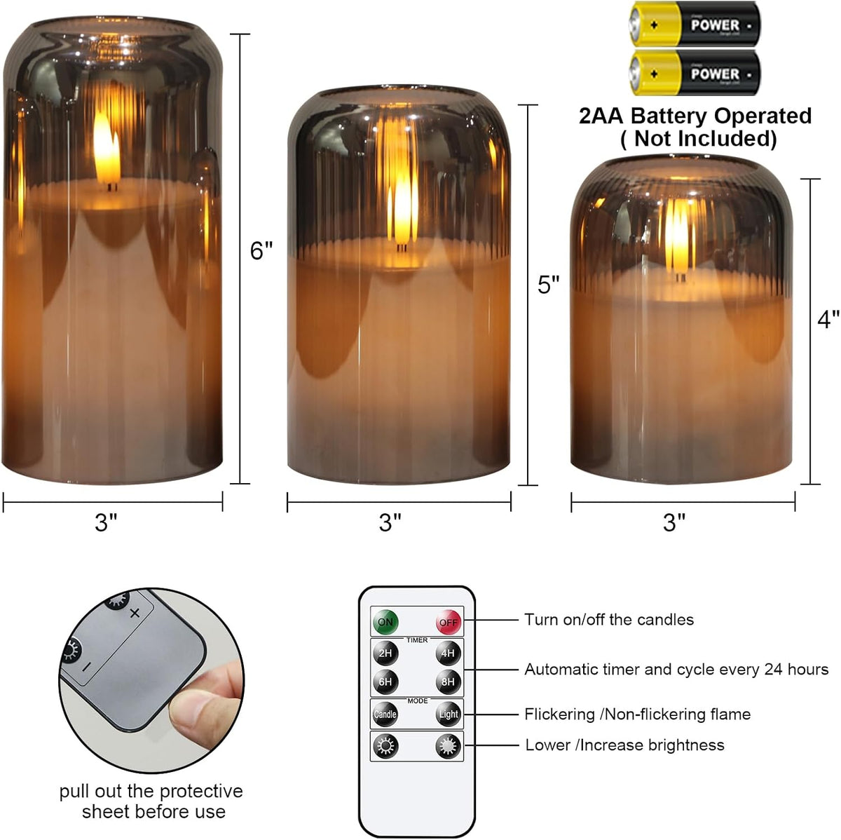 Striped Glass Flameless Candles Battery Operated with Remote Timer | Gold LED Flickering Pillar Candle, 3D Wick Long Lasting, Dinner Wedding Christmas Holiday Decor, 3"D X 4",5",6"H, 3 Pack