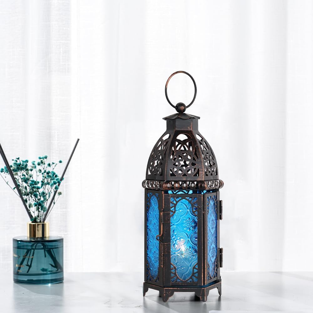 Christmas Lanterns Decorations Indoor & Outdoor, 11’’ Medium Size Vintage Metal Hanging&Tabletop Candle Holder Decor, Halloween Ramadan Decorations for Home Porch Patio(Blue)