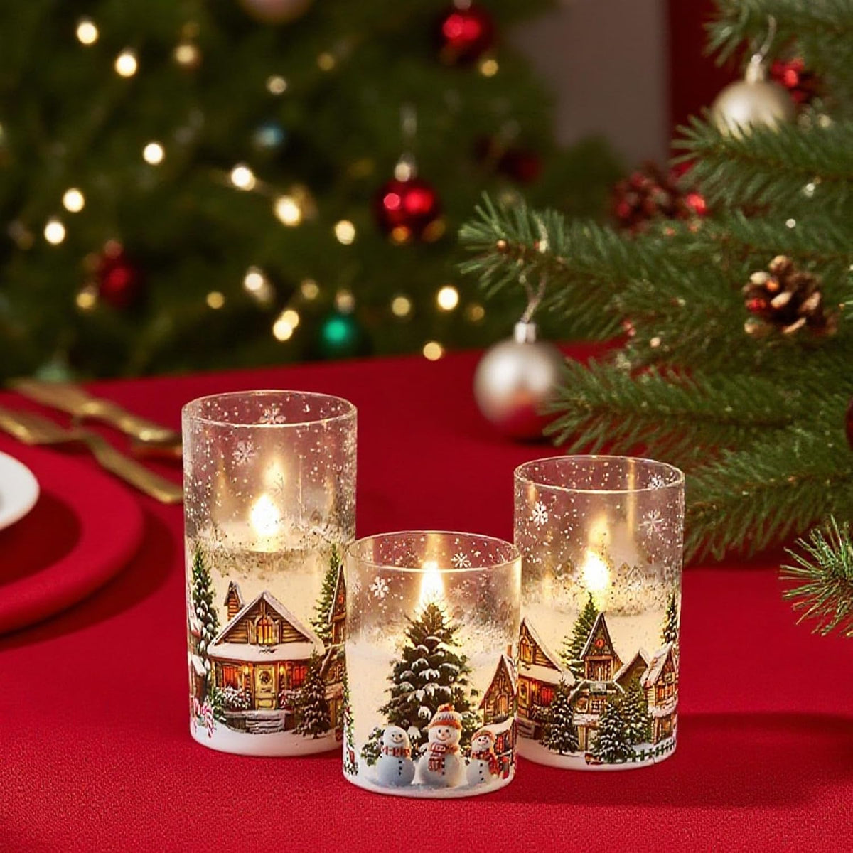Snowman House Glass Flameless Candle Battery Operated Remote Timer | LED Flickering Pillar Long Lasting, Real Wax Cold White Light, Dinner Window Christmas Holiday Decor, 3"Dx 4",5",6"H, 3 Pack