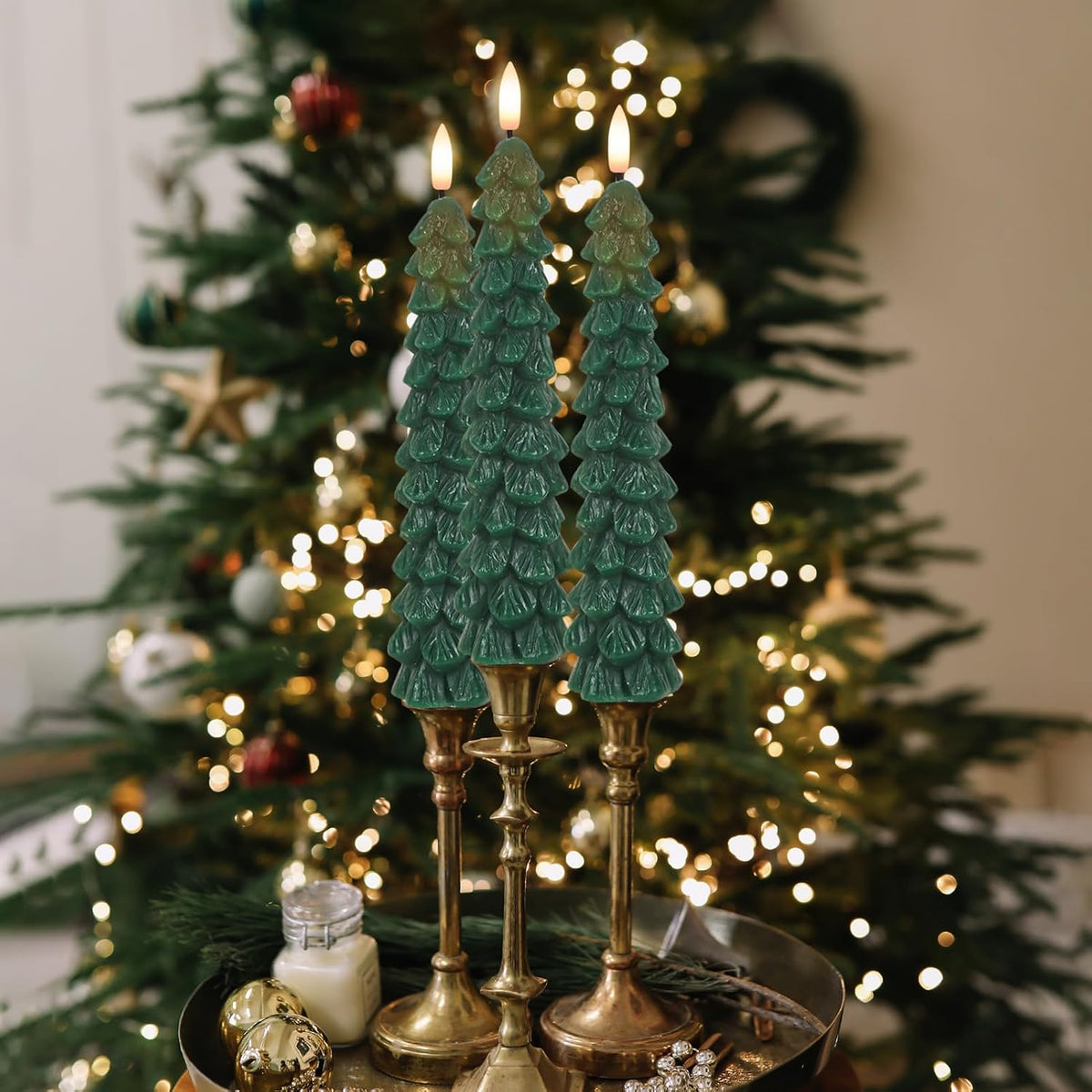 Christmas Tree Flameless Taper Candles Candlesticks Remote Timer | Green, Christmas Tree Candlesticks, Battery Operated Led Candle, Christmas Home Winter Decoration, 4 Pack, 0.78” X 9.8”