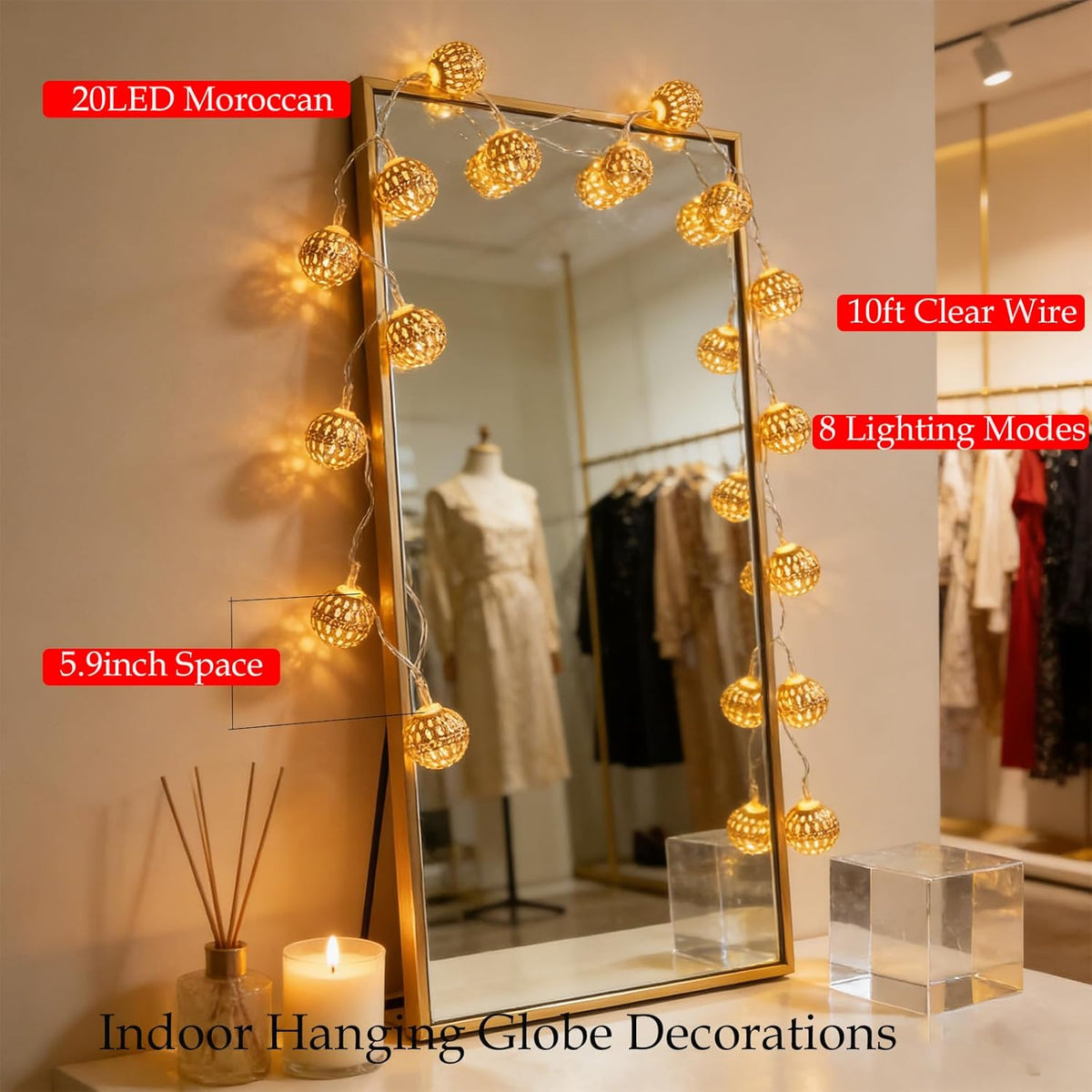 Usb & Battery Lighting 20 LED Fairy Gold Lantern Lights String Diwali Decor | Globe Moroccan Lamp, Decorative Romantic Warm White 9.8Ft Boho Night Light String for Bedroom, Christmas, Birthday Party