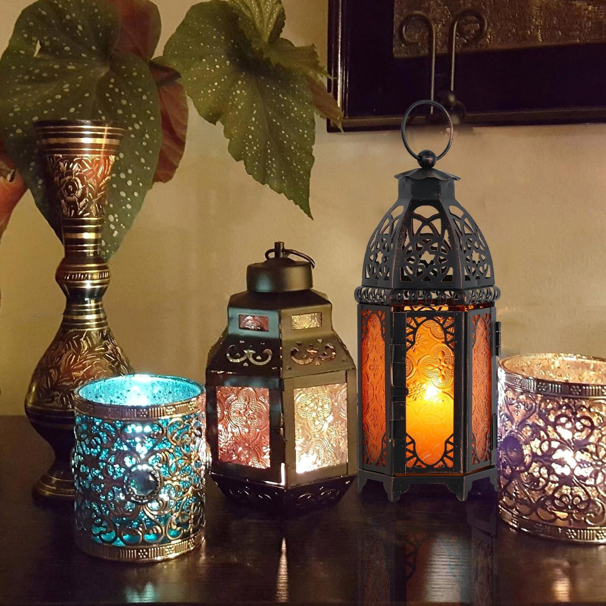 Ramadan Lanterns Decorative Indoor & Outdoor, 11’’ Medium Size Vintage Metal Hanging&Tabletop Candle Holder Decor, Halloween Christmas Moroccan Decorations for Home Porch Patio (Amber)