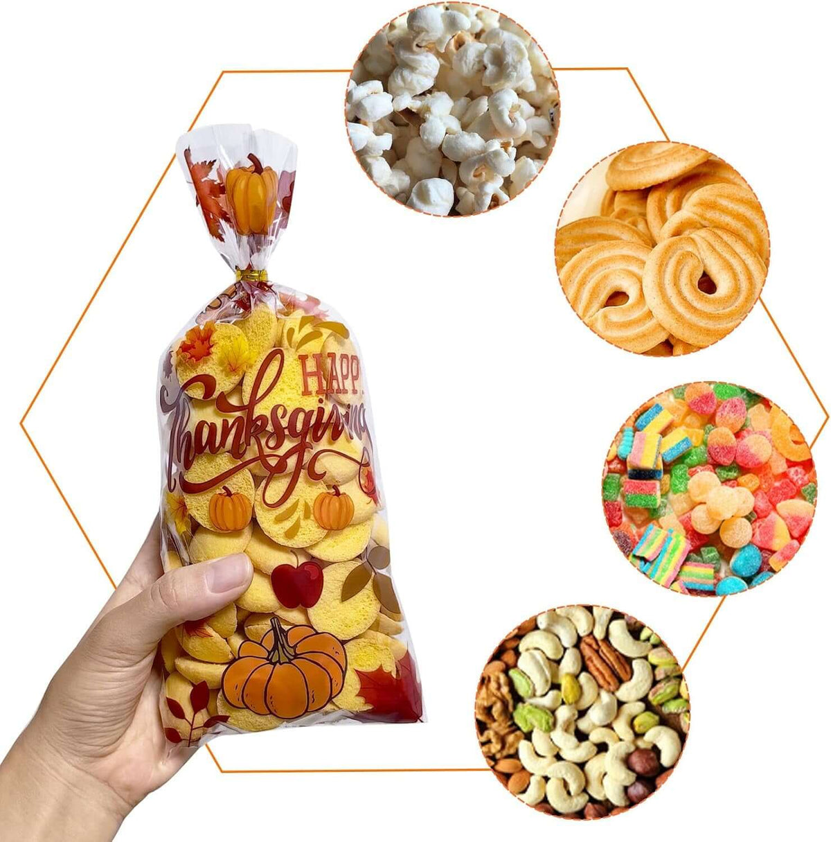 50PCS Thanksgiving Treat Bags with 60 Twist Ties – Fall Cellophane Gift Bags for Cookies, Candy, Snacks, and Party Favors – Pumpkin, Turkey & Maple Leaf Thanksgiving Goodie Bags for Kids