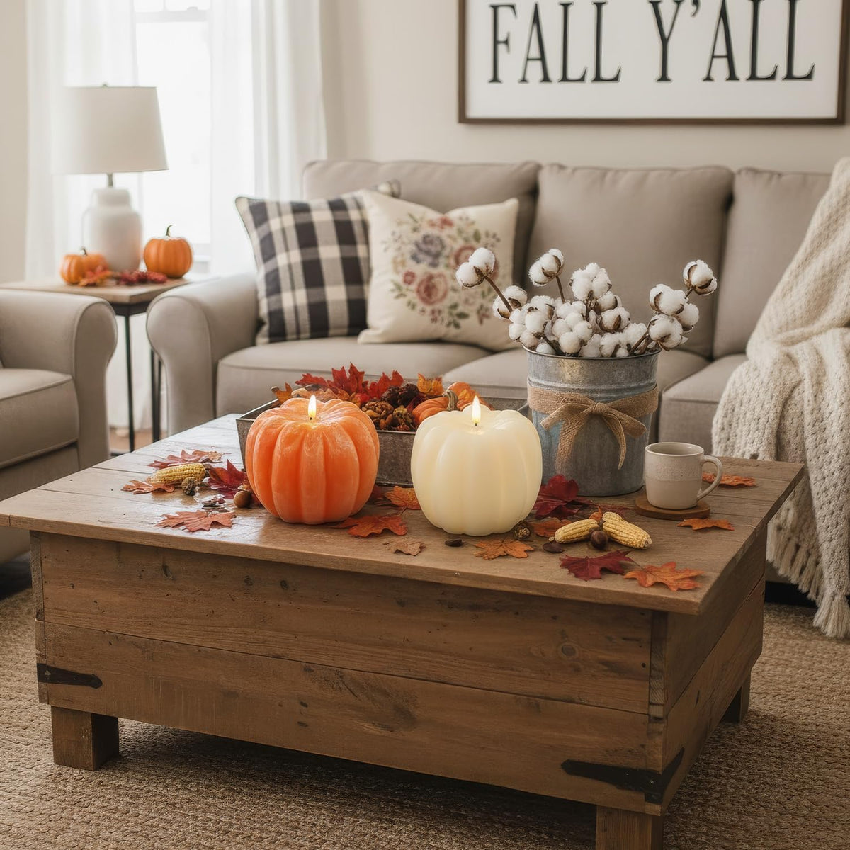 Fall Decorations for Home, Flameless Pumpkin Candle, Orange, White, 2Pack | Fall Decor for Thanksgiving, Halloween, Farmhouse, Table, Room, Kitchen, Wax, Remote, Timer, Battery Operated, 5.3"D, 5.1"H