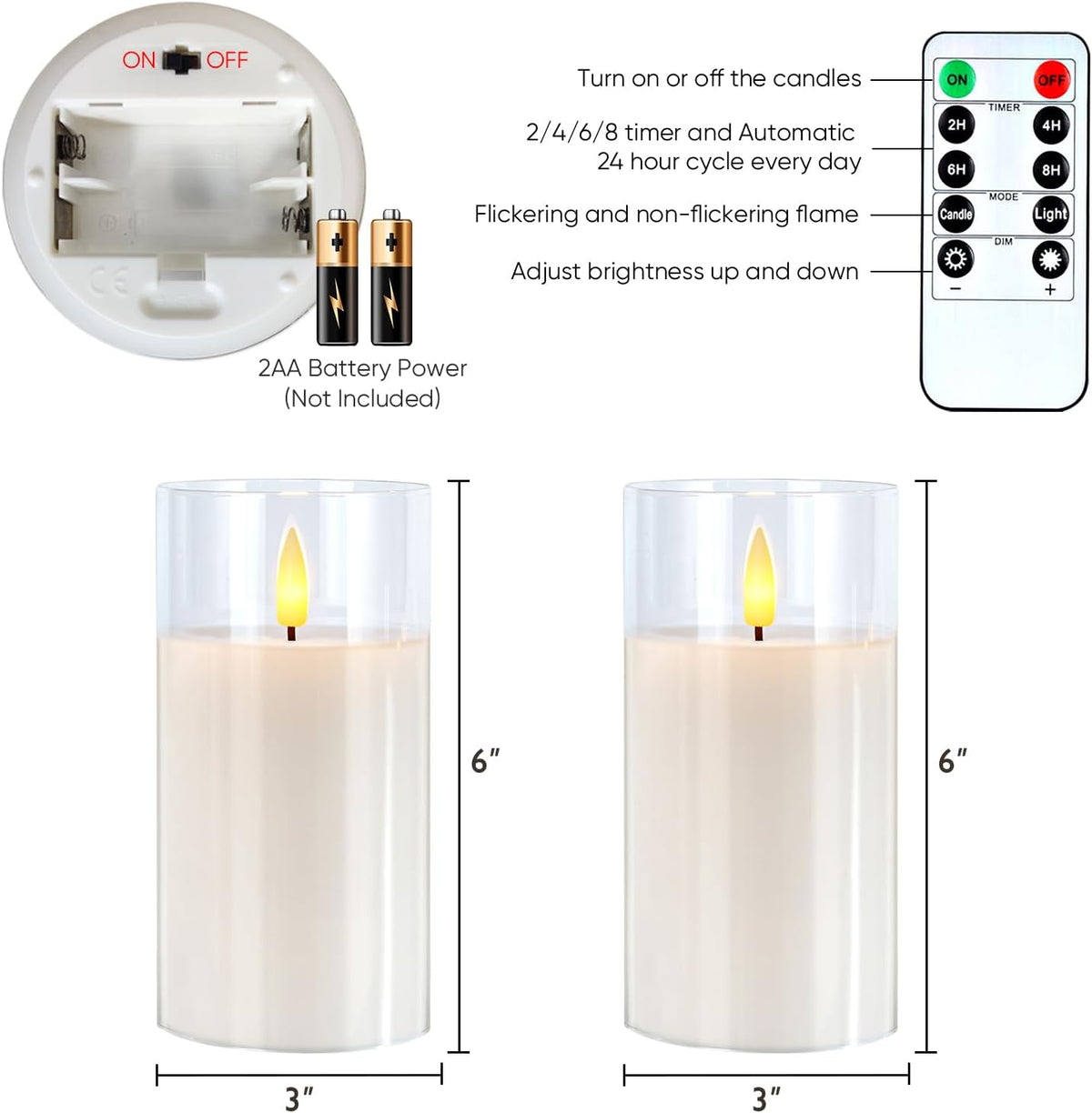 Clear Glass Flameless Candles, 3D Wick Real Wax LED Pillar Set of 2 | Remote Timer Control with Warm Flickering Glow, Pure White Led Pillar Candles Create Cozy Decor for Wedding, Christmas & Home