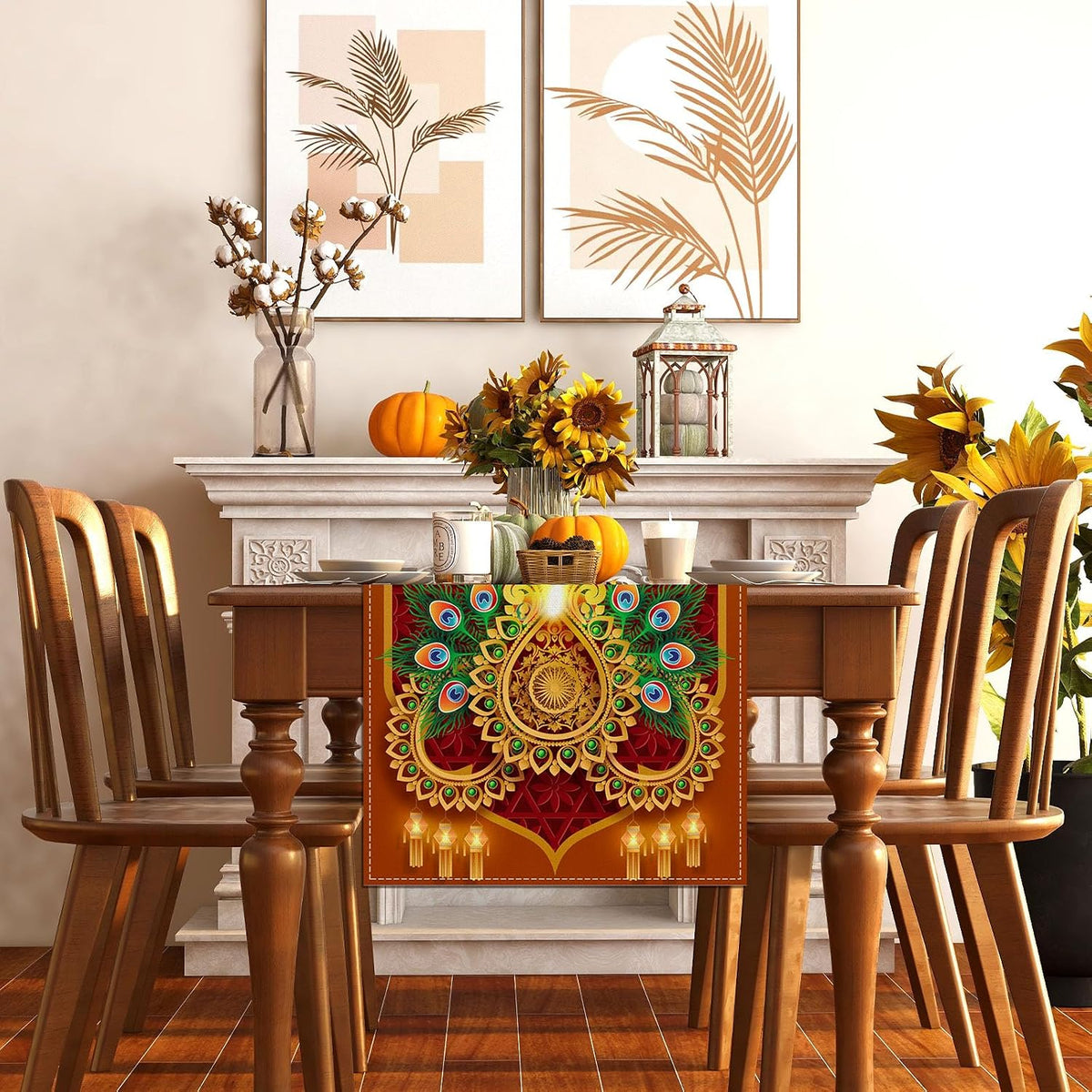 Diwali Table Runner Happy Diwali Tablecloth Indian Deepavali Decor Festival of Lights Decoration and Supplies for Home Kitchen Table-13×72''