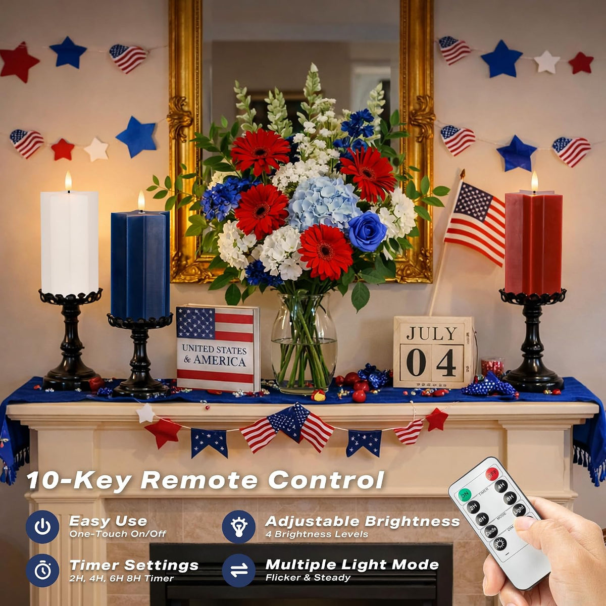 4Th of July Flameless Candles with Remote, Red White and Blue LED Candles | Battery Operated Patriotic Decorative Candles, Star Shaped, Real Wax, for Independence Day Home Party Decor, Set of 3