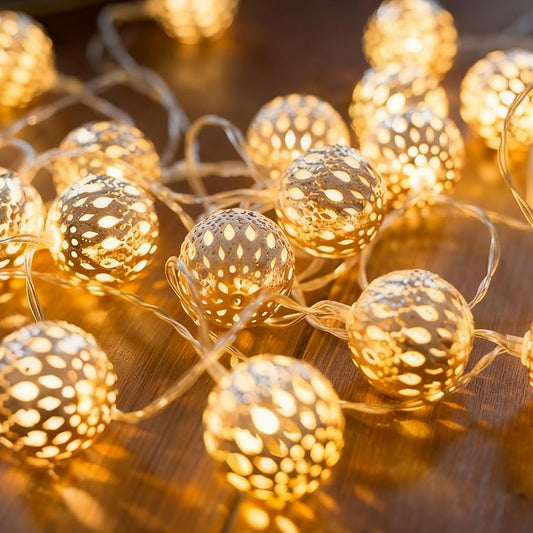 Usb & Battery Lighting 20 LED Fairy Gold Lantern Lights String Diwali Decor | Globe Moroccan Lamp, Decorative Romantic Warm White 9.8Ft Boho Night Light String for Bedroom, Christmas, Birthday Party