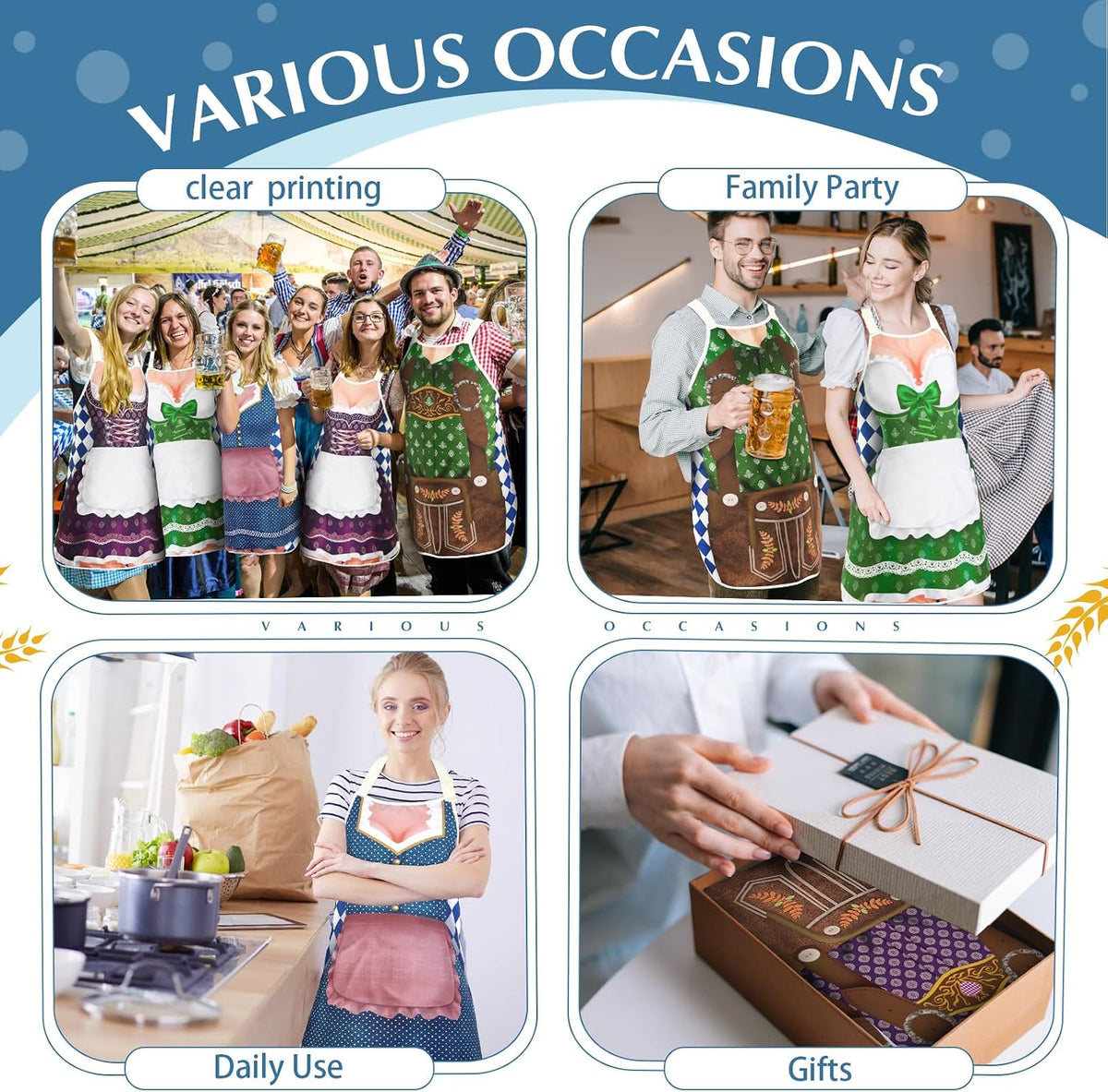6 Pcs Oktoberfest Apron Couples German Apron Oktoberfest Party Costume for Cooking BBQ Baking Chef Kitchen Gifts(Adult,Bright)
