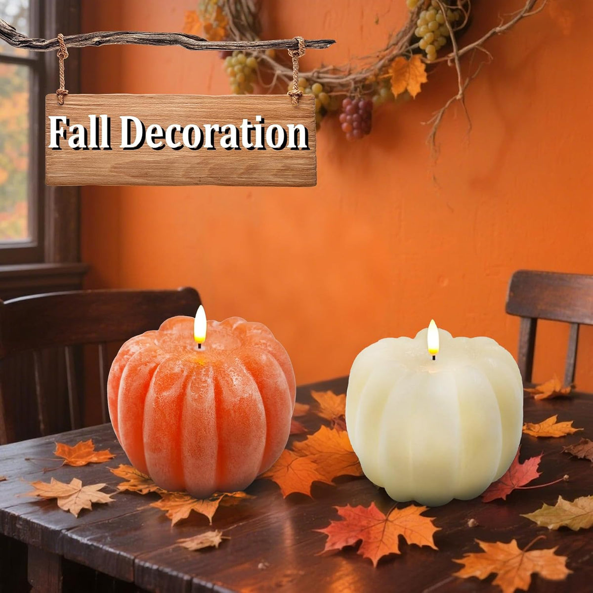 Fall Decorations for Home, Flameless Pumpkin Candle, Orange, White, 2Pack | Fall Decor for Thanksgiving, Halloween, Farmhouse, Table, Room, Kitchen, Wax, Remote, Timer, Battery Operated, 5.3"D, 5.1"H