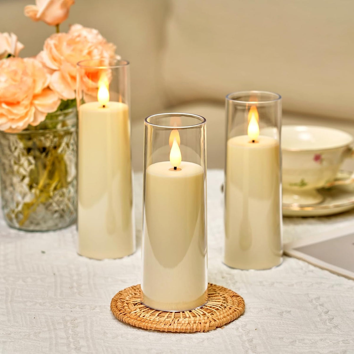 Ivory Flameless Candles with Remote, Battery Operated Candles with Timer, Acrylic Plexiglass Flickering LED Fake Candle for Wedding, Holiday, Home Decor, Set of 9, D2.2 X H5 6" 7" | Pure White Acrylic Candles with Remote Timer, 3D Wick Flickering Glow, Yellow & Blue Light, D2.2"X5.5/6.5/7.5" for Home Decor