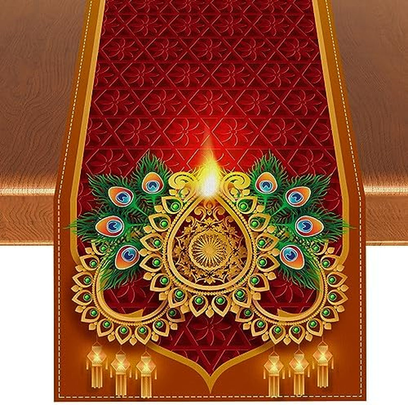 Diwali Table Runner Happy Diwali Tablecloth Indian Deepavali Decor Festival of Lights Decoration and Supplies for Home Kitchen Table-13×72''