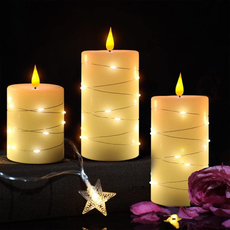 Rechargeable Flameless Candles, Embedded Star String Flickering Real Wax Flameless Candles for Romantic Ambiance and Festival Home Decoration with Remote & Timer