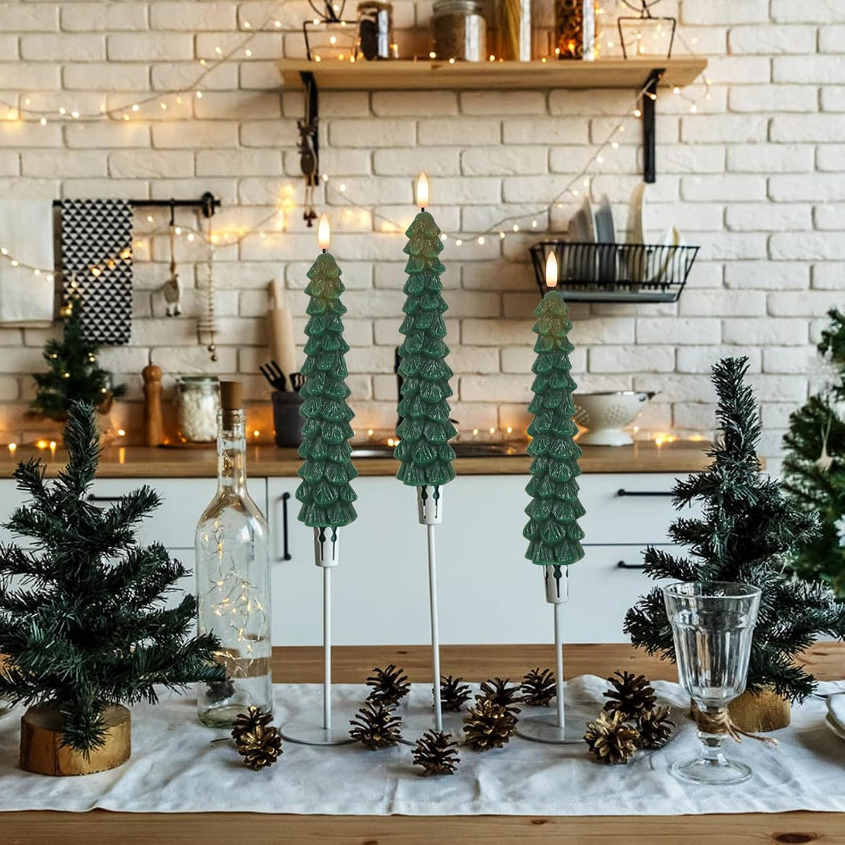 Christmas Tree Flameless Taper Candles Candlesticks Remote Timer | Green, Christmas Tree Candlesticks, Battery Operated Led Candle, Christmas Home Winter Decoration, 4 Pack, 0.78” X 9.8”