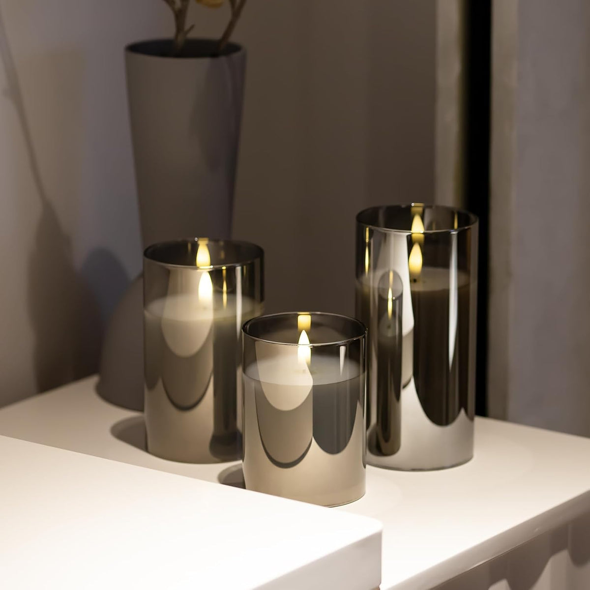 Flameless Candles Battery Operated Candles LED Pillar Grey Glass Candles | 10-Key Control with Remote and Timers for Indoor Party, Wedding,Tabletop Halloween Decorations, H 4" 5" 6", Set of 3