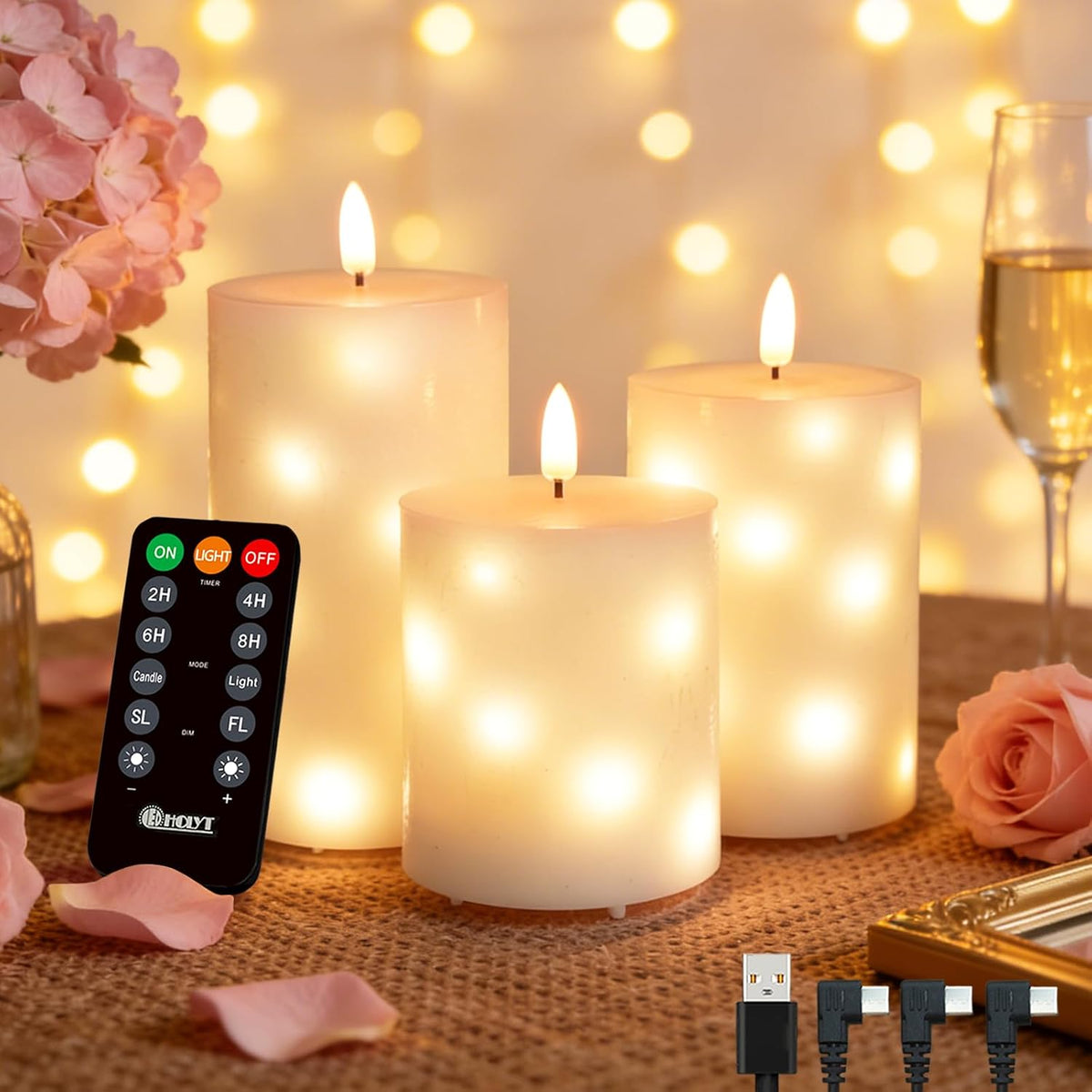Rechargeable Glass LED Flameless Candles, Embedded Star String Flickering Flameless Candles for Romantic Ambiance and Home Decoration with Remote & Timer(White)