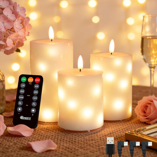 Rechargeable Glass LED Flameless Candles, Embedded Star String Flickering Flameless Candles for Romantic Ambiance and Home Decoration with Remote & Timer(White)