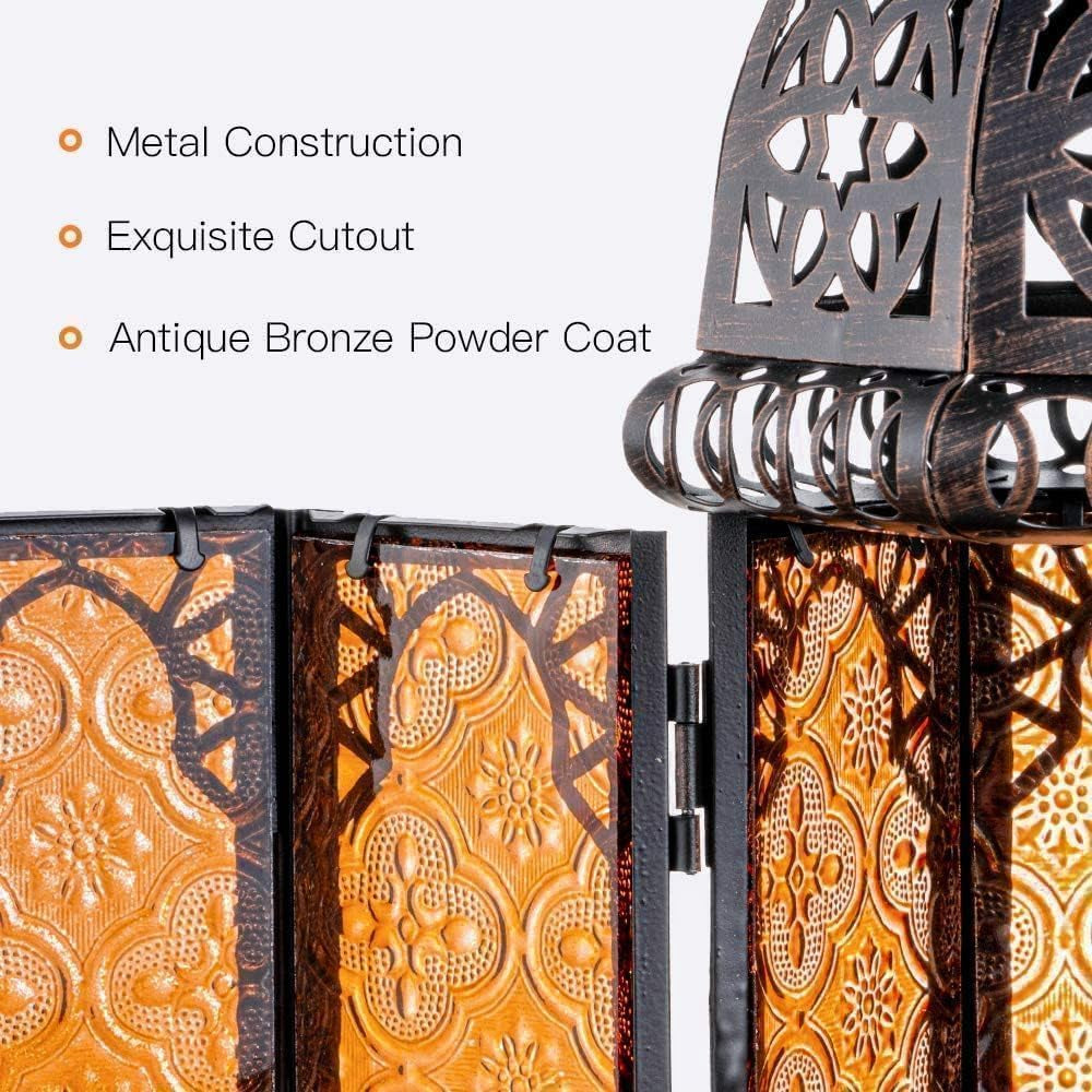 Set of 2 Moroccan Lanterns Decorative Indoor & Outdoor, 11’’ Medium Size Vintage Metal Hanging&Tabletop Candle Holder Decor, Halloween Christmas Ramadan Decorations for Home (Amber)