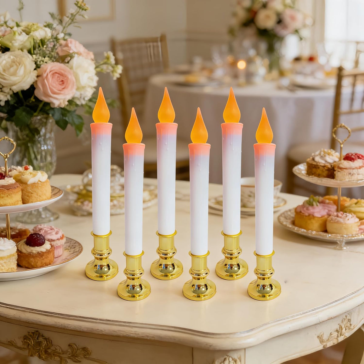 6 Pack 9" Gold Base LED Candle Lights with Dusk to Dawn Sensor, Battery Powered Flameless Candles for Indoor Table Party Decor