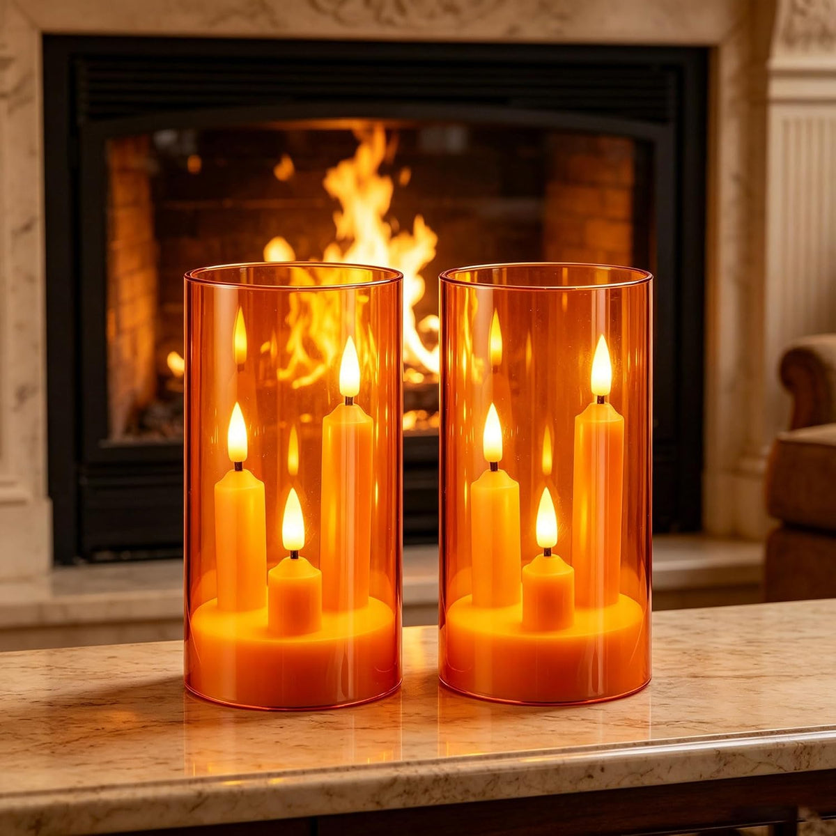 2 Pack 3D Wick Flameless Taper Candles, Orange Transparent Acrylic Cover, Remote Control Flickering LED Electric Candles, Battery Operated for Halloween Thanksgiving Christmas Home Decor.