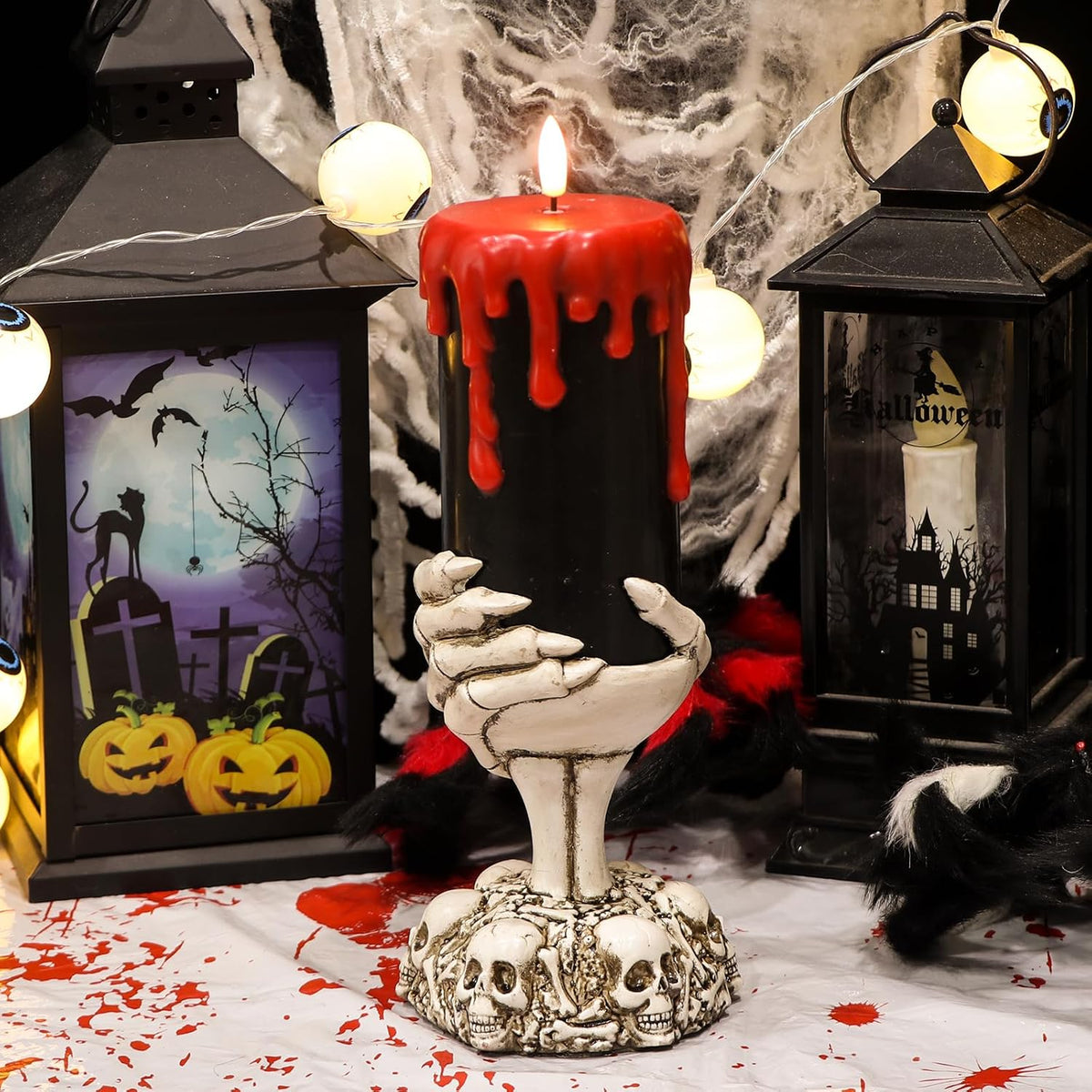 Black Flameless Pillar Candle Battery Operated with 6 Hour Timer | 3D Wick Flickering LED Candles, Blood Dripping Wax, Skeleton Hand Holder, Halloween Indoor Table Decor, 4"D X 11"H