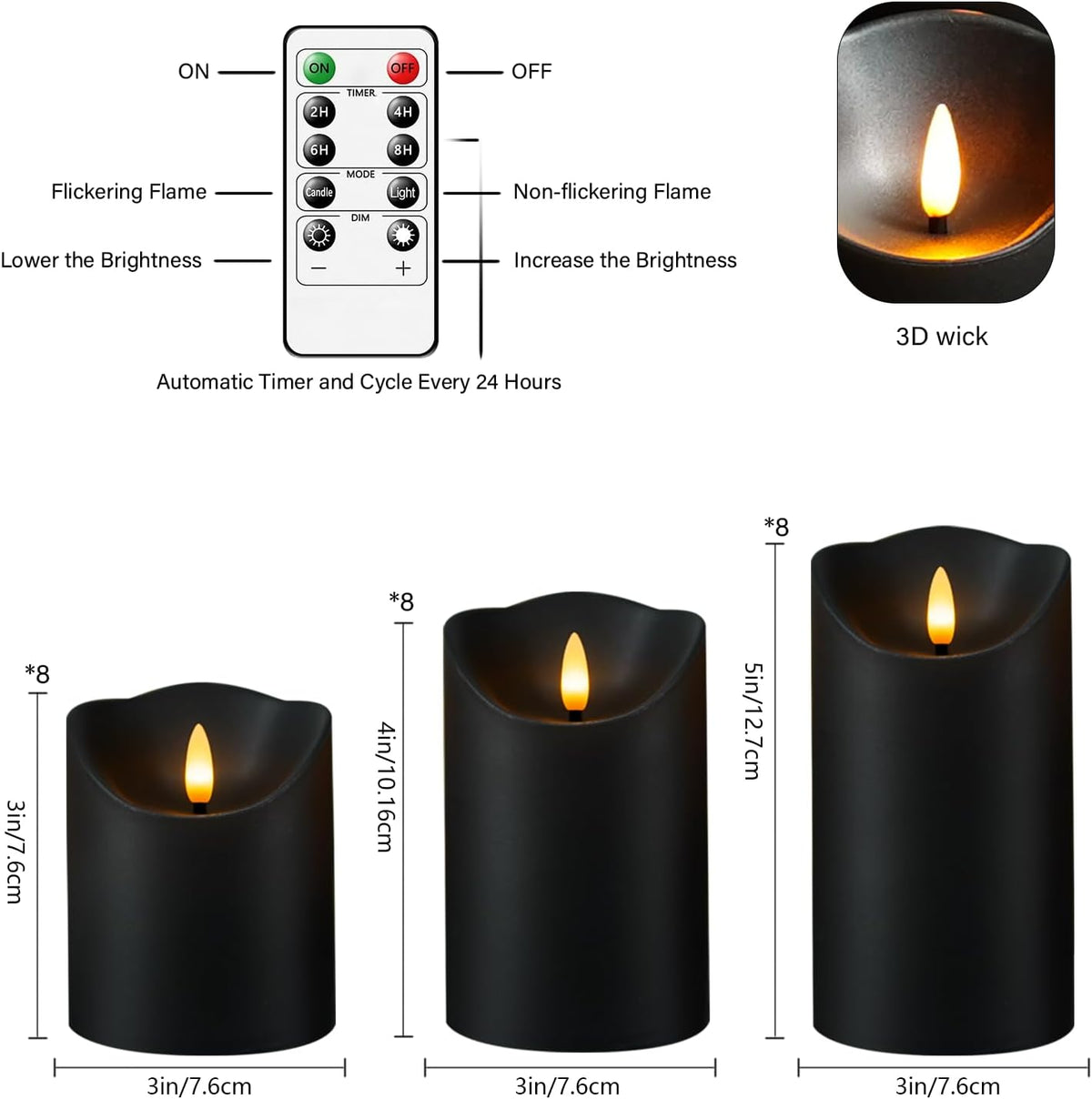 Flameless Candles with Remote, Battery Operated Flickering Flameless Candles, LED Candles with Timer 2/4/6/8H, with Realistic LED Candles Set of 24 (D3 X H 3" 4" 5") (Black)