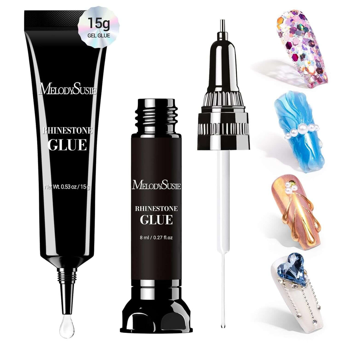 Nail Rhinestone Glue Set, Precision Gap Filling Gel with Brush for Gems,15G+8Ml