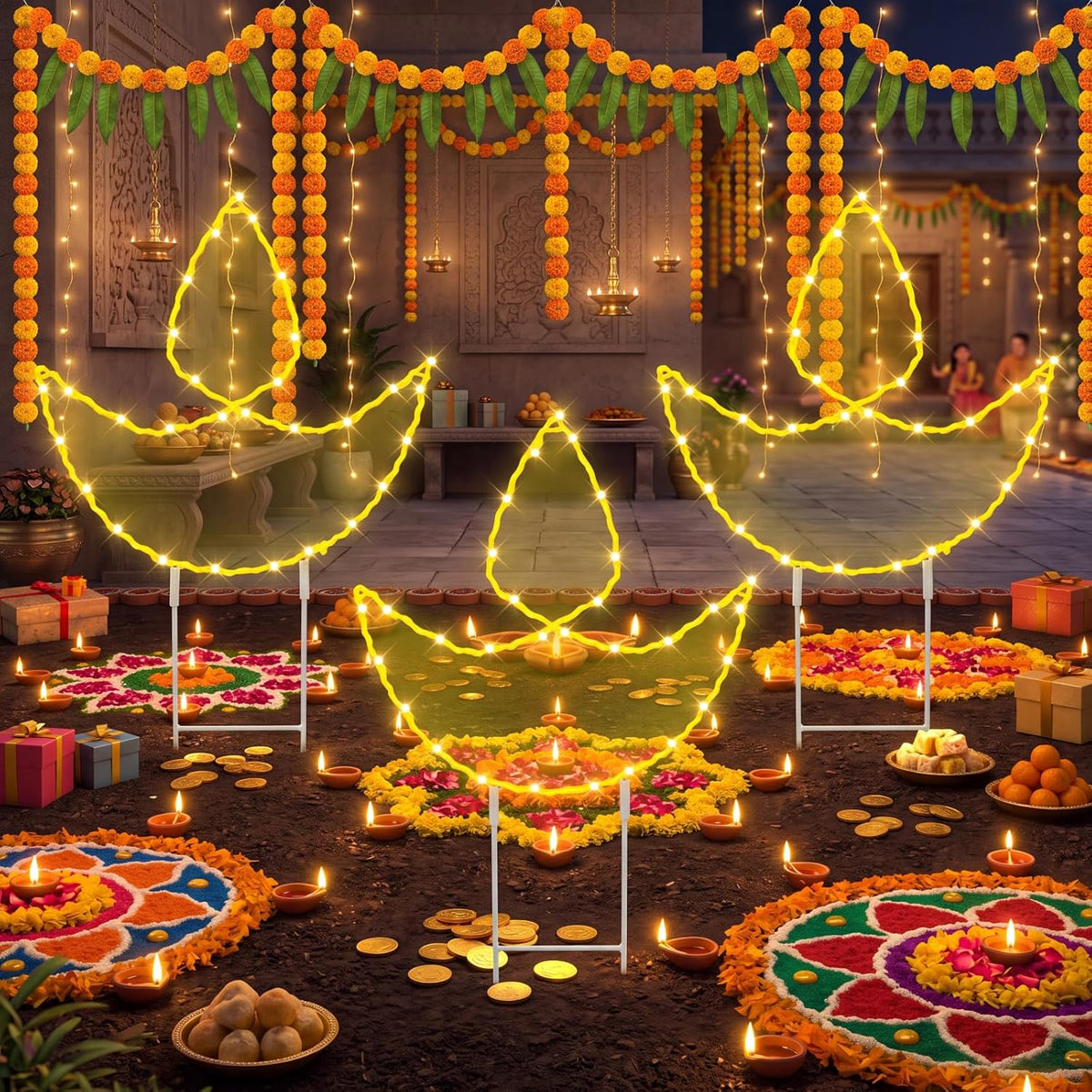 3 Pcs Indian Diwali Diya Solar Lights Outdoor 12.7 Inch Diwali Diya Lighted Yard Stakes Waterproof Solar Lamps for Hindu Deepavali Party Decorations 6–8 Hour Runtime
