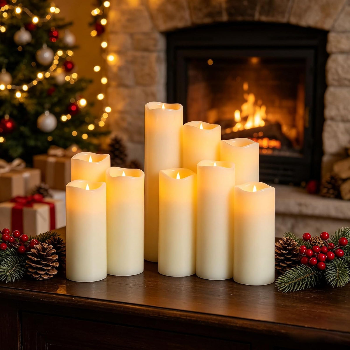 Flameless Candles LED Pillar Candles ，Battery Operated Candles Wich Remote and Timer, Real Wax,Set of 9
