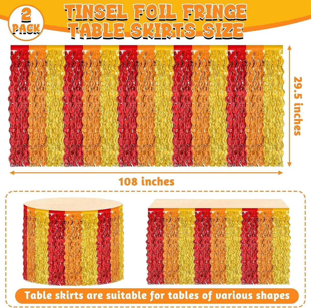 Thanksgiving Table Skirt Decor, 2 Pack Red Orange Gold Desk Skirts Decorations, Metallic Thanksgiving Wavy Tinsel Foil Fringe Table Skirts, Foli Table Skirt for Fall Holiday Party Backdrop Decor