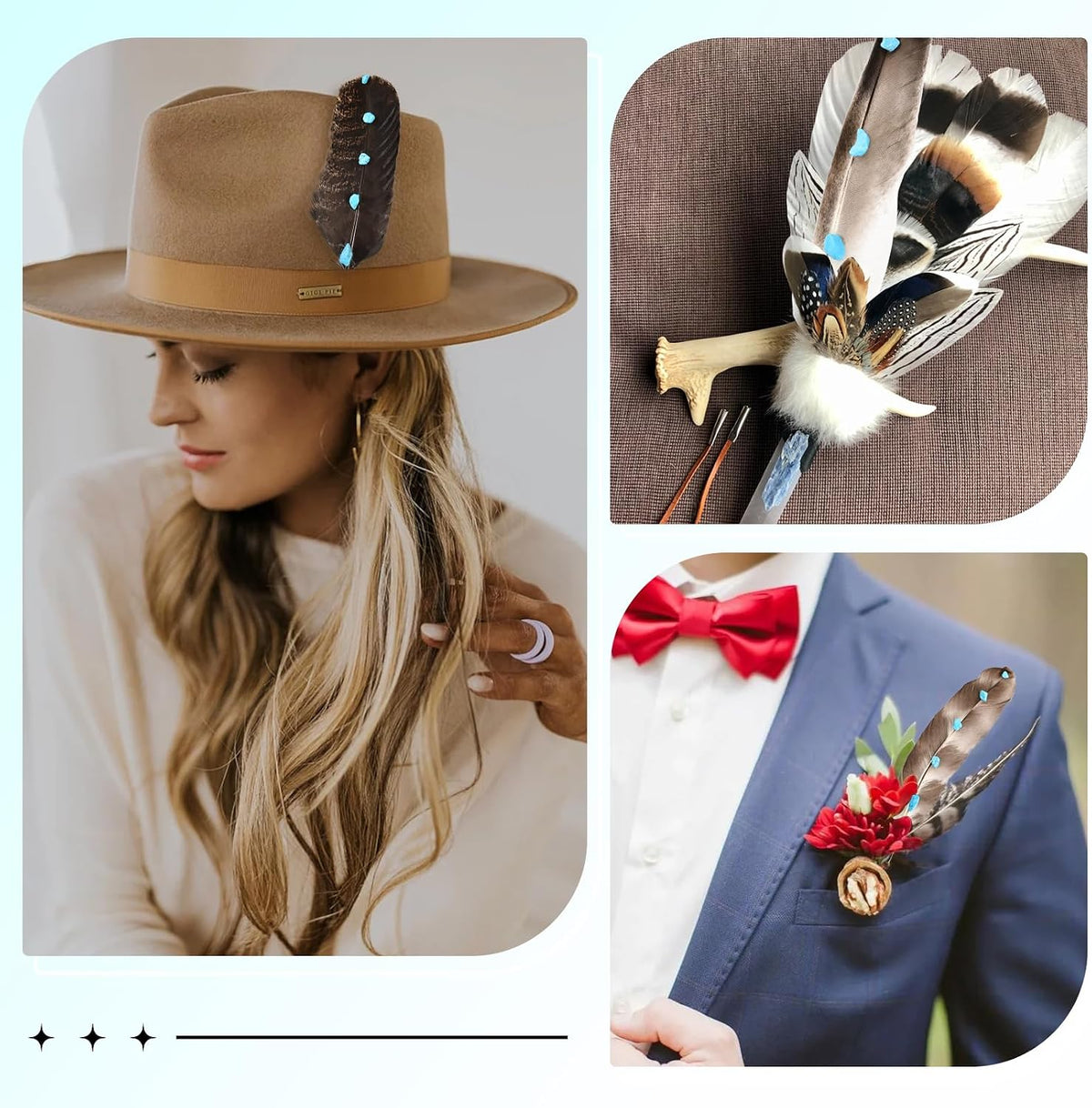 4PCS Hat Feathers Handmade Turquoise Studded Natural Feathers for DIY Craft Fedora Cowboy Oktoberfest Trilby Hats Holiday Party Accessories Decorations