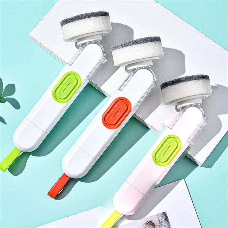 Long-Handle Dish Cleaning Brush with Liquid Dispenser – Multi-Functional Washing Up Brush with 2 Replacement Heads