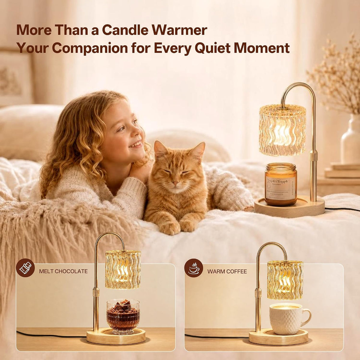 Decorative Ripple Glass Candle Warmer Lamp, Dimmable | Gold Warmer Lamp with Timer Adjustable Height, Flameless Cozy Warmer Home Décor for Bedroom, Bathroom, Tea Room, Rest Room