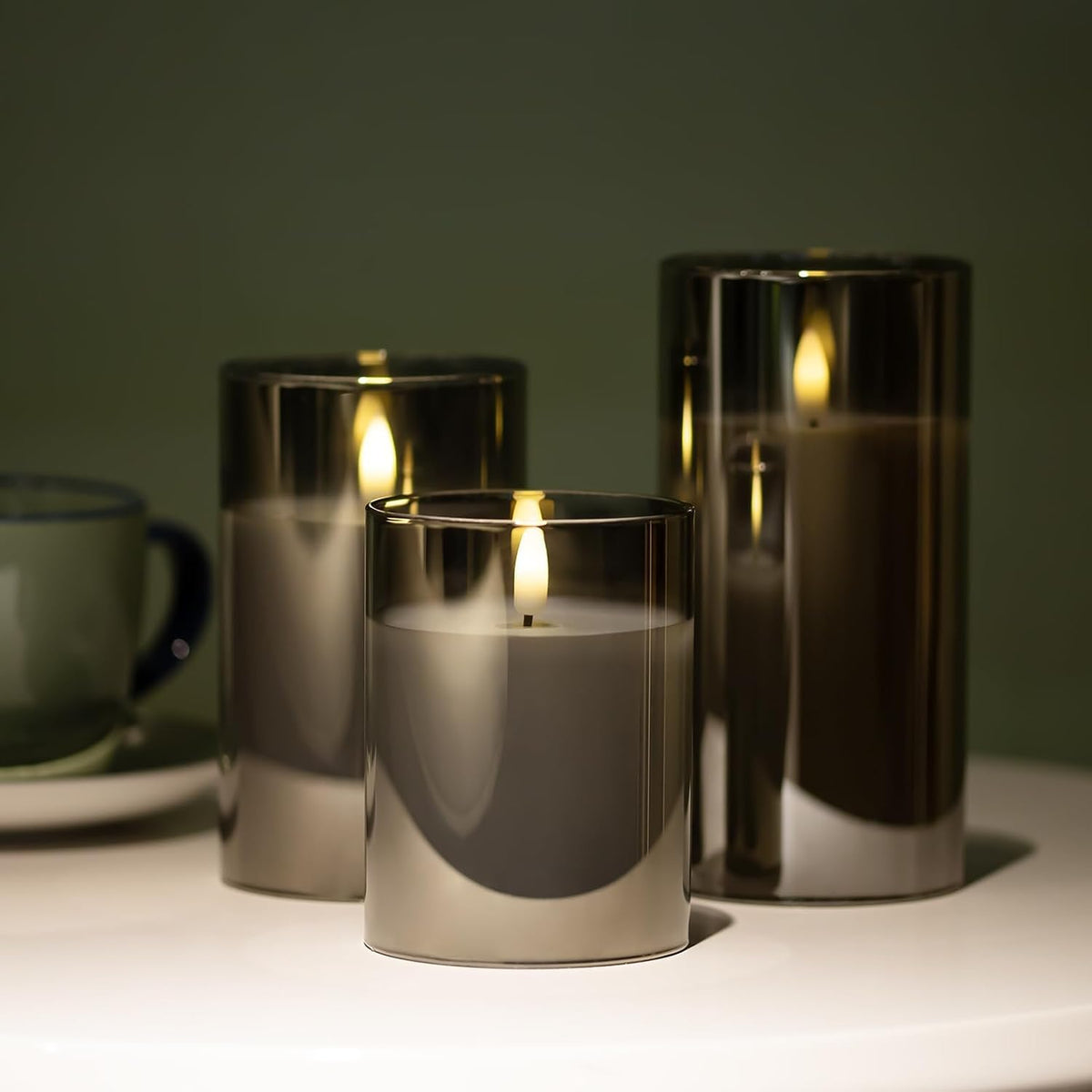 Flameless Candles Battery Operated Candles LED Pillar Grey Glass Candles | 10-Key Control with Remote and Timers for Indoor Party, Wedding,Tabletop Halloween Decorations, H 4" 5" 6", Set of 3
