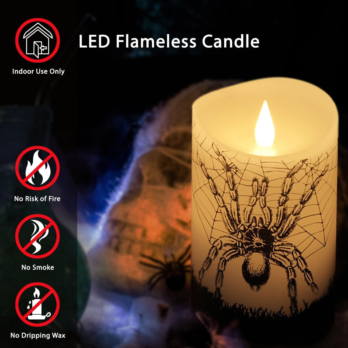 Halloween Flameless LED Candles with Remote Control, 3"X 5"Battery Operated Pillar Real Wax with Timer for Halloween Decorations, Spider Candle