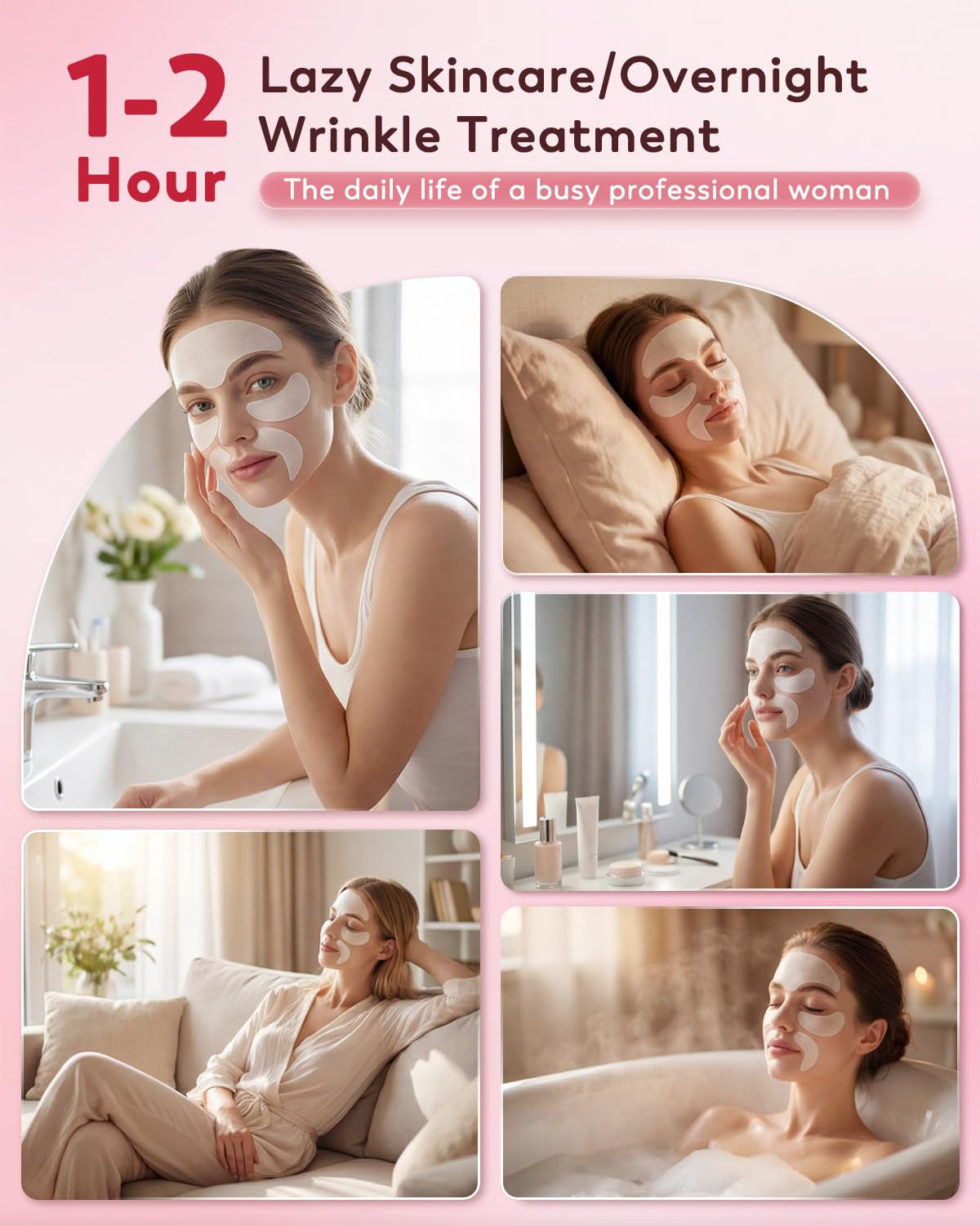 3 in 1 Facial Wrinkle Patches, Forehead & Smile Lines Patches with Collagen, Hyaluronic Acid & Niacinamide, Overnight under Eye Hydrogel Treatment to Smooth Fine Lines, 60 Patches