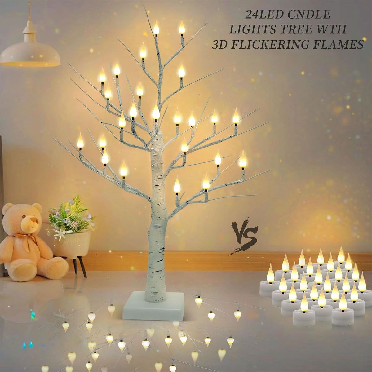 2Ft Candle Light Trees for Decoration Indoor, Twinkle Tree with 24LED Flameless Candles Lights, Usb/Battery Operated Birch Tree Candles for Home Tabletop Mantel Christmas Birthday Party Decor