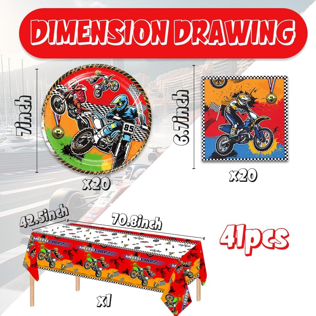41Pcs Dirt Bike Party Supplies ,Include 20 Plates, 20 Napkin and 1Pcs Tablecloth,Used for Motocross Dirt Bike Birthday Party Decoration (Orange Dirt Bike)
