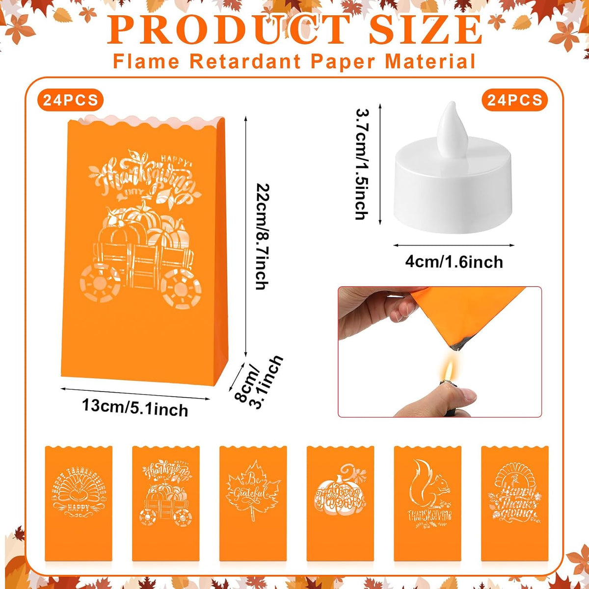 24 Thanksgiving Luminary Bags with LED Lights, 6 Designs Orange | Flame Resistant Paper Lantern for Party, Includes Flameless Candles, Squirrel Turkey Pumpkin Maple Leaf Autumn Patterns